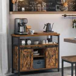 VASAGLE Comoda pentru living sau bucatarie, cu 2 usi glisante, rafturi reglabile, stil rustic, 33x100x80cm, maro si negru