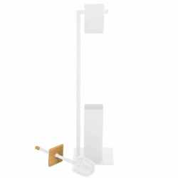 Stand cu perie WC si suport hartie igienica, metal si bambus, 79cm, gri deschis