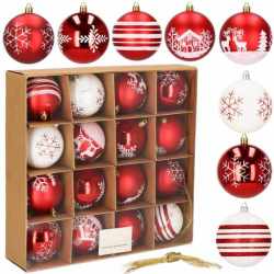 Set globuri de Craciun, 16 bucati, 8cm, 8 modele, rosu alb