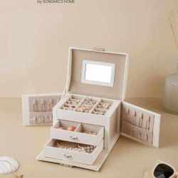 SONGMICS Cutie de bijuterii cu 3 niveluri, oglinda, incuietoare cu maner, 2 sertare, 14x18x14cm, alb