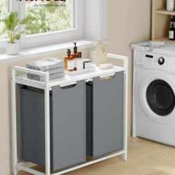 VASAGLE Cos de rufe, 2 compartimente, saci de rufe detasabili, raft, cadru metalic, 2x46L, 73x33x72 cm, alb si gri deschis