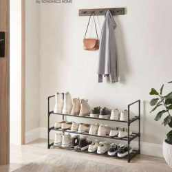 SONGMICS Suport pentru pantofi cu 3 nivele, structura metalica, pentru 12-15 perechi, 92x30x55cm, negru
