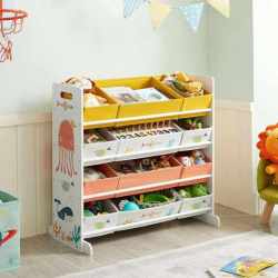 SONGMICS Raft de depozitare jucarii, 12 cutii detasabile din tesatura, 83x38x78cm, alb