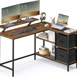 VASAGLE Birou in forma de L, suport monitor, 2 rafturi si 2 sertare, 105x135x76 cm, maro rustic