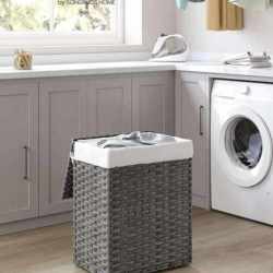 SONGMICS Cos de rufe din ratan sintetic cu capac, sac detasabil, volum 90L, 46x33x60cm, gri