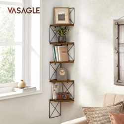 VASAGLE Raft de perete pentru colt, cadru otel cu 5 etaje din MDF, 20x20x128cm, maro rustic si negru