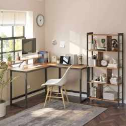 VASAGLE Birou in forma de L cu suport pentru monitor, cadru metalic, 140x130x76cm, maro rustic
