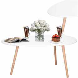 Masa de cafea, ovala, blat 100x50 cm, inaltime 48 cm, Blat MDF, Picioare lemn, Alb