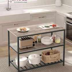 VASAGLE Raft de bucatarie tip insula, cadru de otel cu 3 nivele, stil industrial, 60x120x90cm, gri stejar