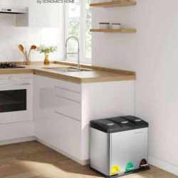 SONGMICS Cos de gunoi din inox cu 3 compartimente colectare selectiva, cu galeti interioare, 3x8litri, argintiu si negru