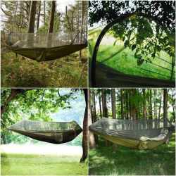 Hamac dublu din material parasuta 140x260cm, cu plasa de tantari si geanta transport, verde