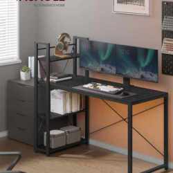 VASAGLE Birou cu raft lateral, montare stanga sau dreapta, industrial, 60x132x119 cm, negru