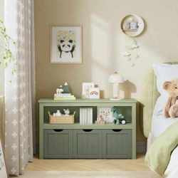 VASAGLE Dulap depozitare jucarii, din MDF, cu 3 compartimente detasabile pe roti,  30x102x60 cm, verde