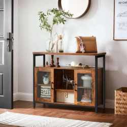 VASAGLE Comoda tip bufet, cu 2 usi cu sticla, rafuri reglabile, stil industrial, 100x35x80cm, maro rustic