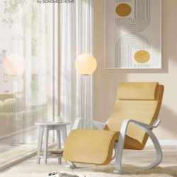 SONGMICS Scaun balansoar din lemn, suport picioare reglabil, maxim 150kg, 55x122x84cm, galben-pastel
