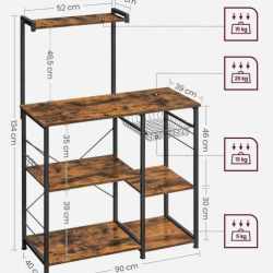 VASAGLE Raft de bucatarie, suport pentru cuptorul cu microunde, cos de sarma, 6 carlige S, 39x90x132cm, maro rustic