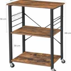 VASAGLE Raft de bucatarie pe roti, carucior de servire cu 3 rafturi, cadru metalic, 40x60x89cm design industrial, maro rustic