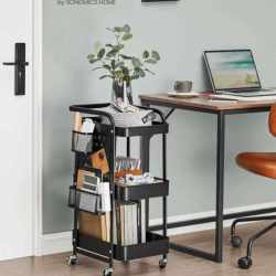 SONGMICS Raft de depozitare mobil tip carucior rulant, pentru baie sau bucatarie, cadru otel, 32x43x74 cm, negru