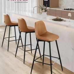VASAGLE Set 2 scaune de bar, spatar ergonomic din piele ecologica, cadru metalic, 50x50x99 cm, maro caramel