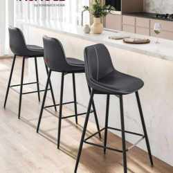 VASAGLE Set 2 scaune de bar, spatar ergonomic din piele ecologica, cadru metalic, 50x50x99 cm, negru