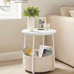 VASAGLE Masuta de cafea rotunda cu cos de stofa, stil modern, 45x50cm, alb cu bej