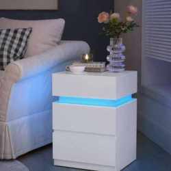 VASAGLE Noptiera din MDF cu iluminare LED, culori si intensitate reglabile, 35x40x55cm, alb