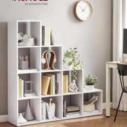 VASAGLE Biblioteca cu 10 compartimente, unitate de depozitare pentru decoratiuni, din lemn, 29x129x129cm, alb