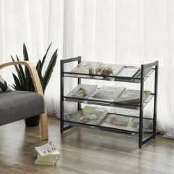 SONGMICS Raft de depozitare pantofi pe 3 niveluri, metal, rafturi plate sau unghiulare reglabile, 31x74x63cm, negru