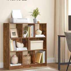 VASAGLE Biblioteca, raft cu 8 unitati de depozitare, pentru living, din lemn, 97x30x100cm, maro rustic