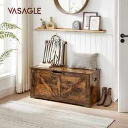 VASAGLE Banca de depozitare tip cufar, cu 2 balamale de siguranta, stil hambar, 40x100x46cm, maro rustic