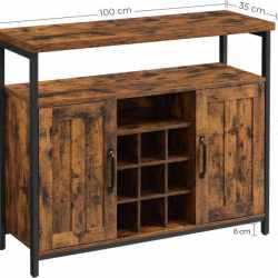 VASAGLE Comoda tip bufet, cu 2 usi si suport pentru sticle vin, stil industrial, 100x35x81cm, maro rustic si negru