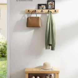 SONGMICS Cuier de perete pentru hol sau baie, 5 carlige duble, 5x70x7 cm, maro natural