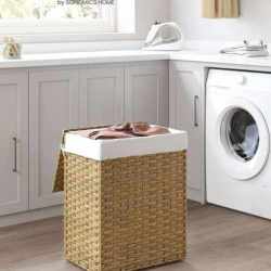 SONGMICS Cos de rufe stil ratan, cu captuseala detasabila lavabila, 90 litri, 46x33x60 cm, natural