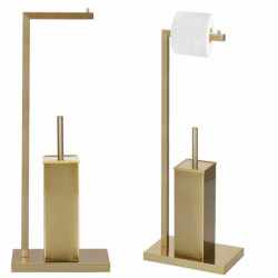 Stand cu perie WC si suport hartie igienica, metal si bambus, 67cm, auriu