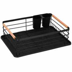 Uscator de vase cu suport tacamuri, din otel, cu tava de scurgere, manere lemn, 42x32x15cm, negru