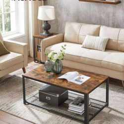 VASAGLE Masuta de cafea, cu cadru metalic, raft de depozitare, pentru living, 45x106x60cm, stil industrial, maro rustic