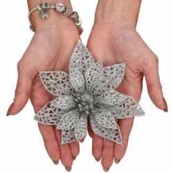 Set 10 ornamente pentru bradul de Craciun, stea Poinsettia, 10cm, argintiu