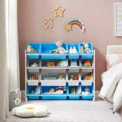 SONGMICS Raft de depozitare jucarii, 16 cutii detasabile din plastic, 89x27x106cm, alb
