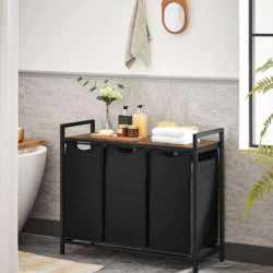 VASAGLE Cos de rufe, 3 compartimente, saci de rufe detasabili, raft, cadru metalic, 3x38L, 93x33x72 cm, maro rustic si negru