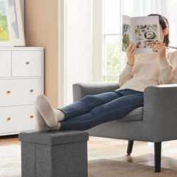 SONGMICS Taburet pliabil 30x30x30 cm, cu spatiu de depozitare, capac tapitat, MDF si imitatie in, gri