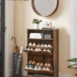 VASAGLE Dulap pantofi cu 2 usi flip, separator reglabil si detasabil, pentru 8-12 perechi, 24x60x102cm, maro rustic