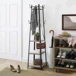 VASAGLE Cuier cu 8 carlige duble, 4 rafturi si bara pentru umerase, cadru metalic, stil industrial, 43x43x180 cm, gri si negru