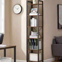 VASAGLE Raft cu 6 etaje, tip biblioteca, cadru metal si polite lemn, 30x40x187cm, industrial, maro rustic si negru