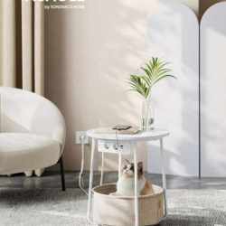 VASAGLE Masuta de cafea rotunda cu cos de stofa, statie de incarcare 2 prize si 2 USB, 45x50cm, alb