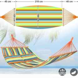 SONGMICS Hamac dublu cu bara lemn, perne incluse, maxim 300 kg, 210x150 cm, multicolor