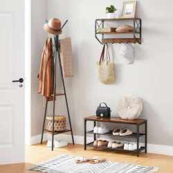 VASAGLE Cuier metalic, cu ​​2 rafturi MDF, inaltime 179cm, stil industrial, maro rustic si negru