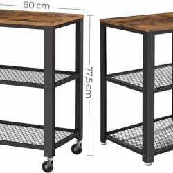 VASAGLE Carucior de servire pe roti, cu polite, pentru bucatarie, 40x60x77cm, industrial, maro rustic