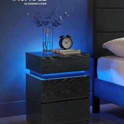 VASAGLE Noptiera din MDF cu iluminare LED, culori si intensitate reglabile, 35x40x55cm, negru