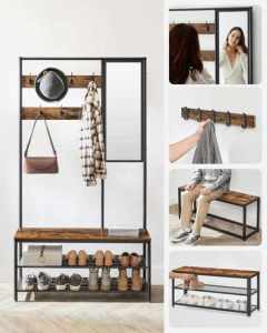 VASAGLE Cuier cu rafturi depozitare pantofi si ​​oglinda, industrial, 35x98x180 cm, maro rustic si negru