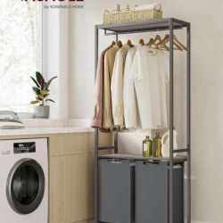 VASAGLE Cos de rufe, 2 compartimente, saci de rufe detasabili, 2 rafturi, tija umerase, 2x46L, 73x33x177cm, gri